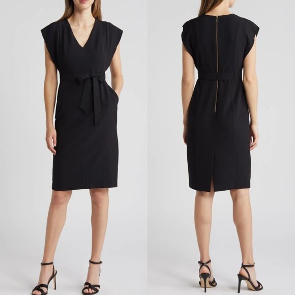 Eliza J Sheath Knee Length Flutter Sleeve Black Belted V-Neck Short Dress Size 2 - Picture 1 of 13
